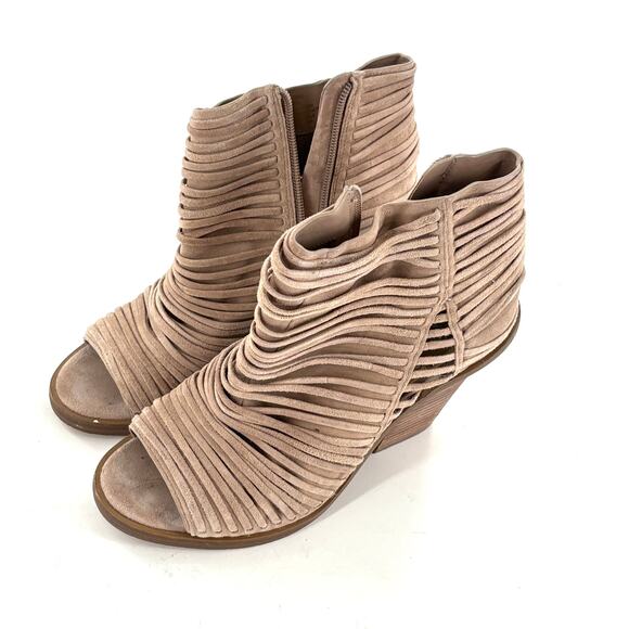 Vince Camuto Feteena Boots 8 Tan Beige Suede Leather Ankle Booties Peep Toe Boho - Picture 5 of 6